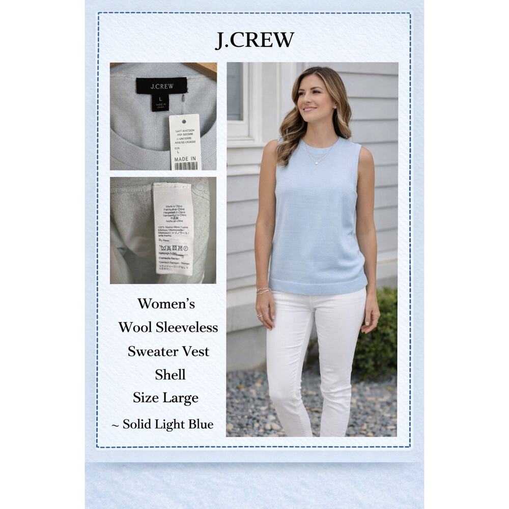 J Crew AT960 Womens Wool CLO Solid Sleeveless Sweater Vest Shell Large New Blue